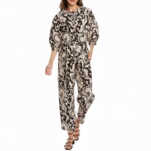 Rebecca Taylor Paisley Jumpsuit 100% Cotton Brown Belted With Pockets Size M